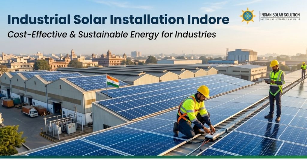 Industrial solar installation in Indore with rooftop solar panels and technicians working on large-scale industrial solar system
